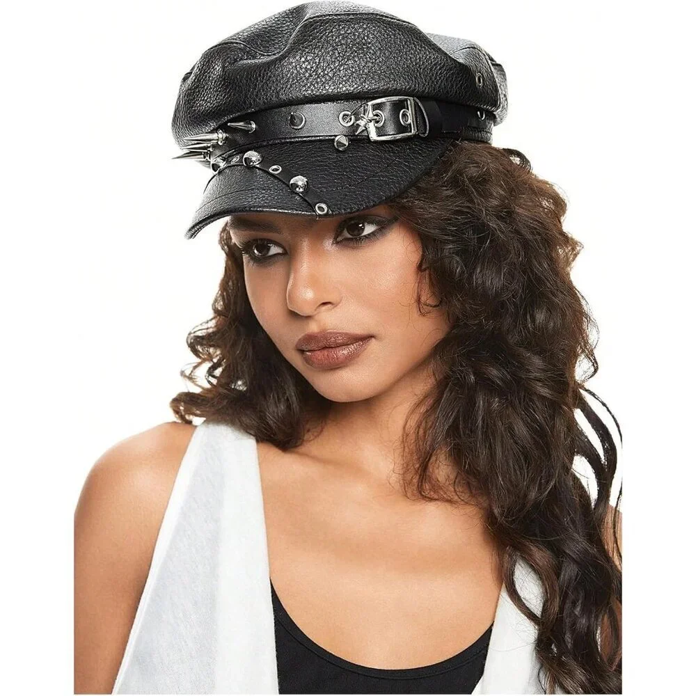 Women's Black Rivet Pu Leather Beret Fashion Caps Punk Rock Gothic Hats